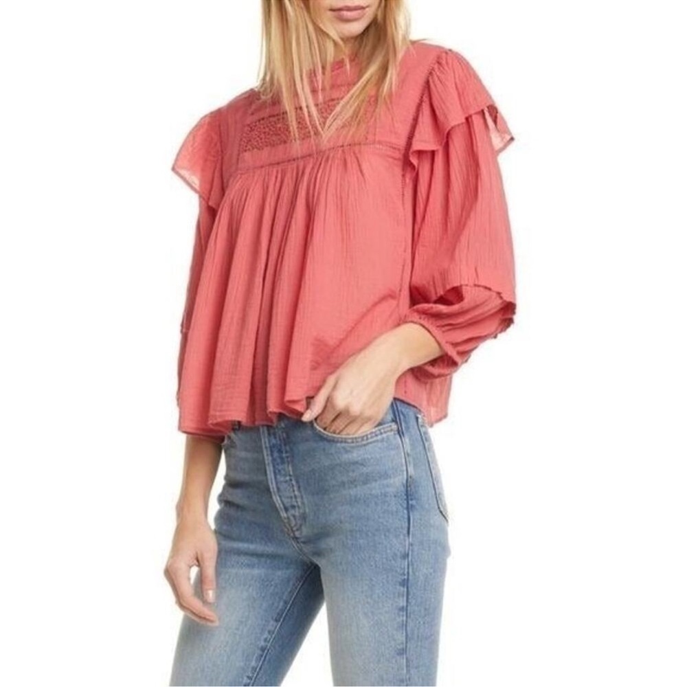 Free People Womens Top Laura Eyelet Lace Blouse Pink XS